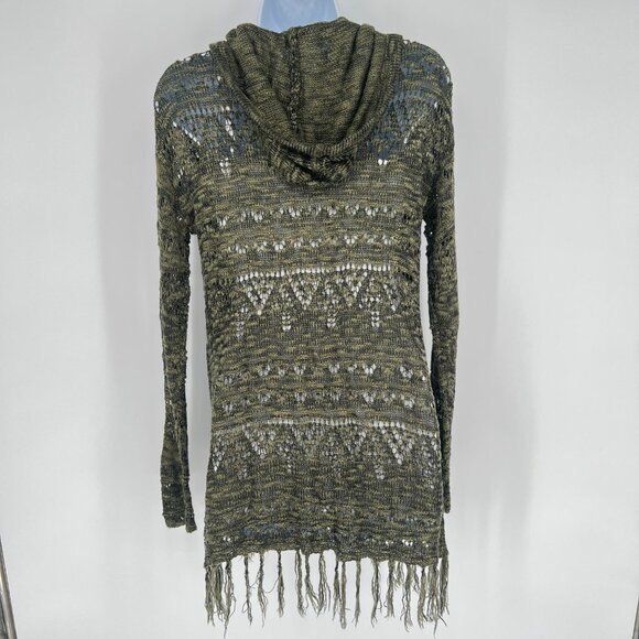 Vintage Y2K Boho Fairy Grunge Open Cardigan Sweater Womens M Green Crochet Hood - Picture 3 of 11